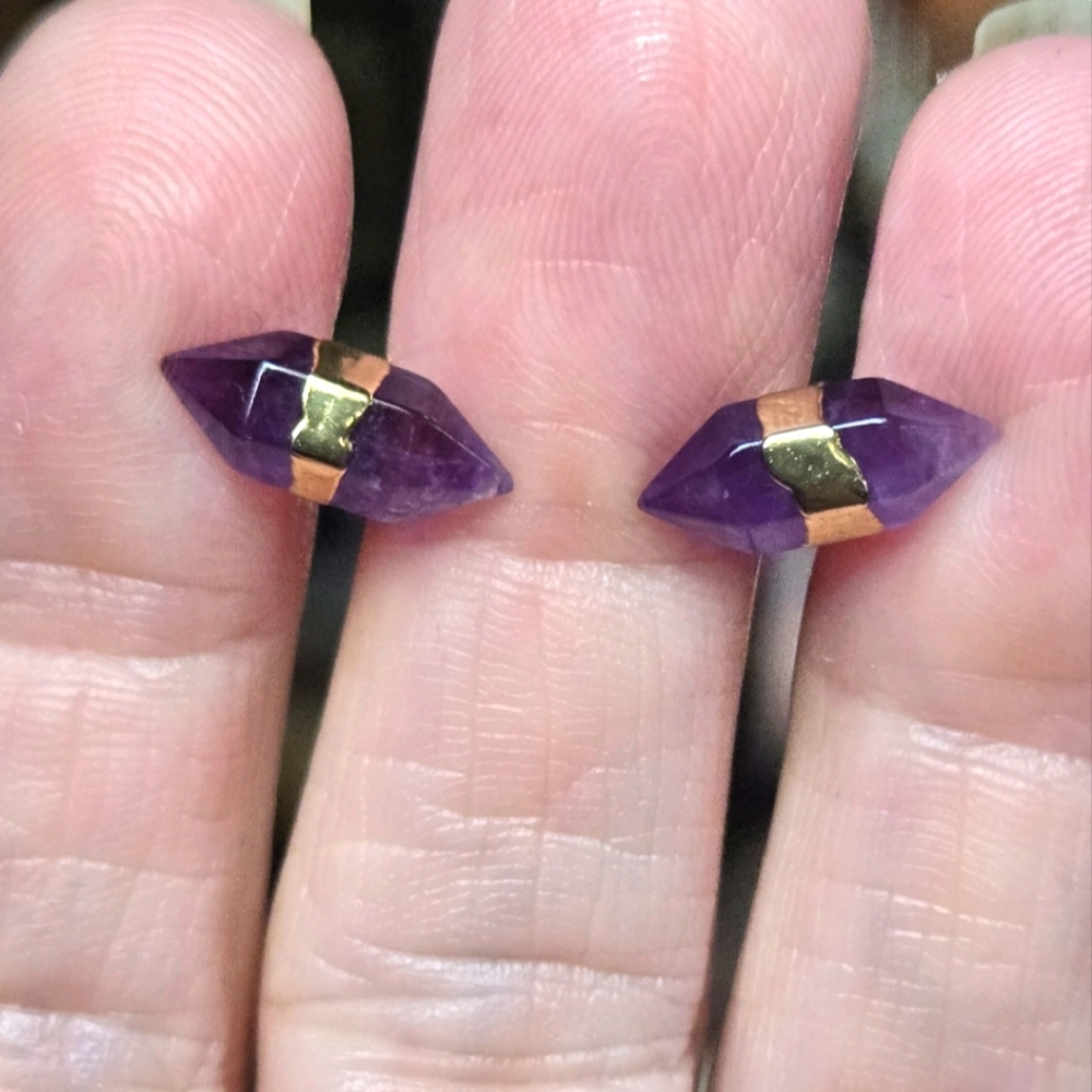 Amethyst natural crystal gemstone sterling & gold earrings